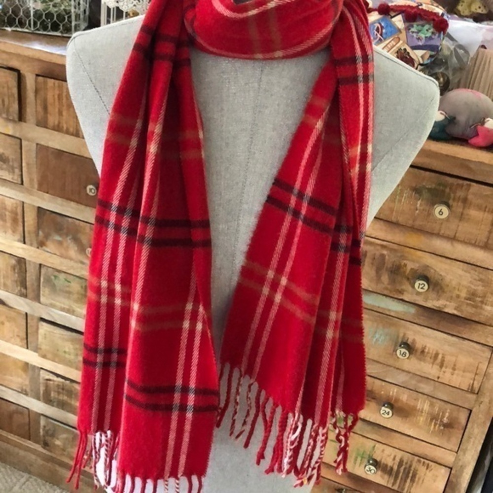 Red plaid 100% cashmere fringed long winter scarf